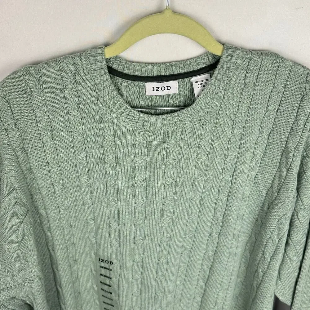 New Izod Sage Green Cable Knit Minimalistic Cotton Soft Crew Neck Sweater Medium